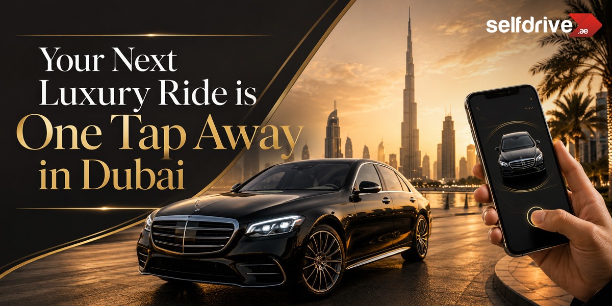 Alt text: "Luxury car ad showing a black car on a Dubai street at sunset, with the skyline and Burj Khalifa in the background. Text reads, 'Your Next Luxury Ride is One Tap Away in Dubai.' A hand holds a phone displaying the car in an app. The mood is sleek and sophisticated."